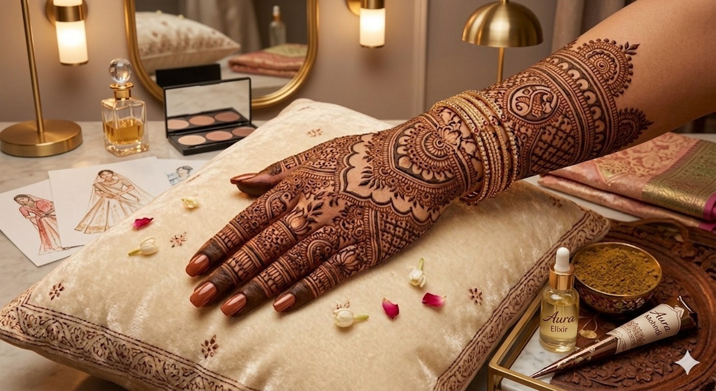 Henna artist applying intricate mehendi design on hand